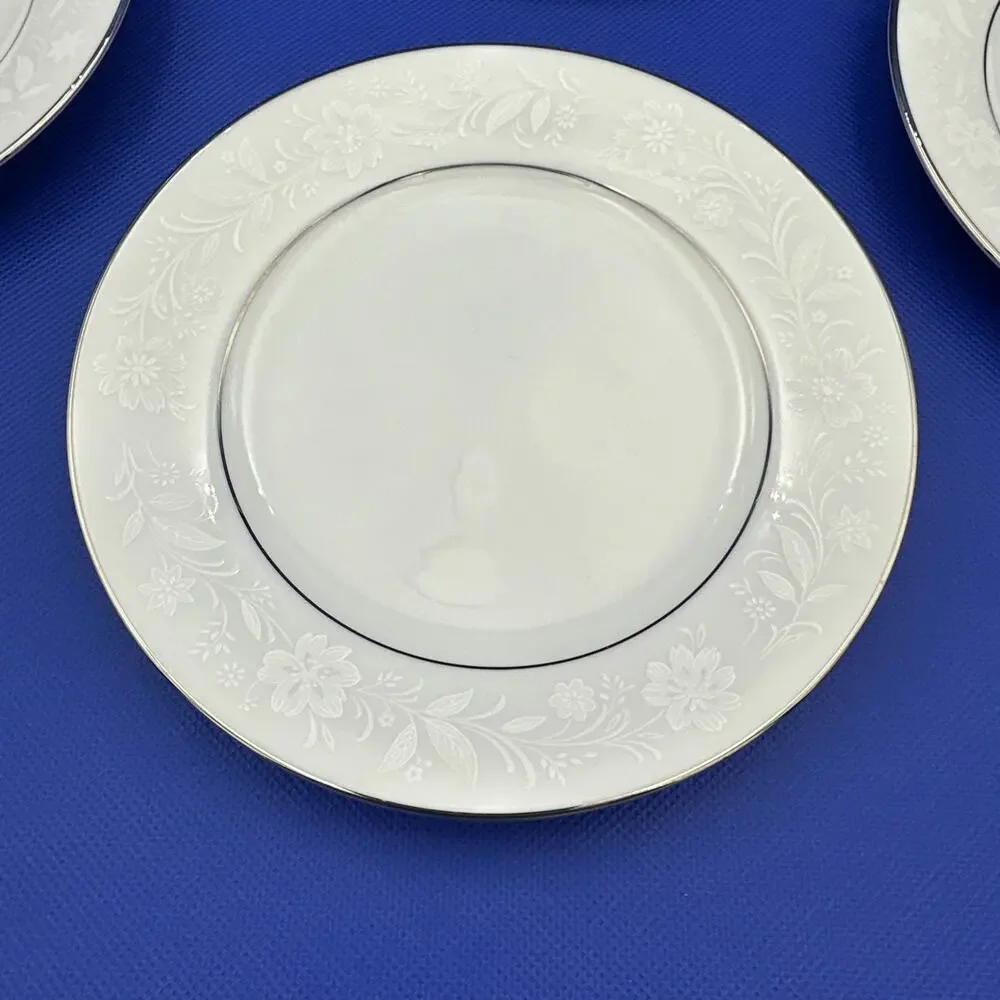 Noritake Ranier 6909 Bread Plates 6 3/8” White Floral on White Silver Rim‎ Set 4